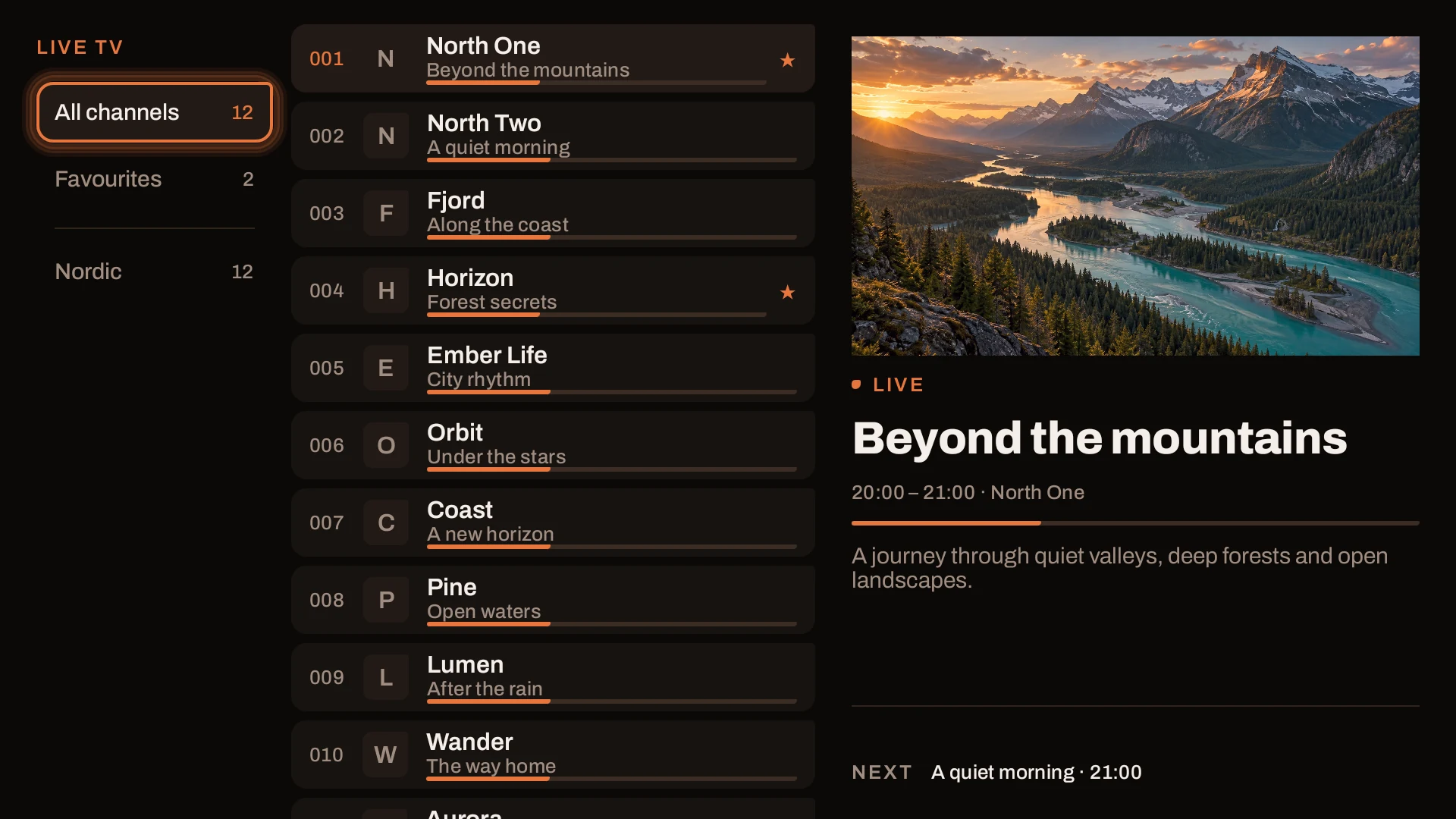 FlowStream Live TV in the Ember theme with fictional channels and a nature demo