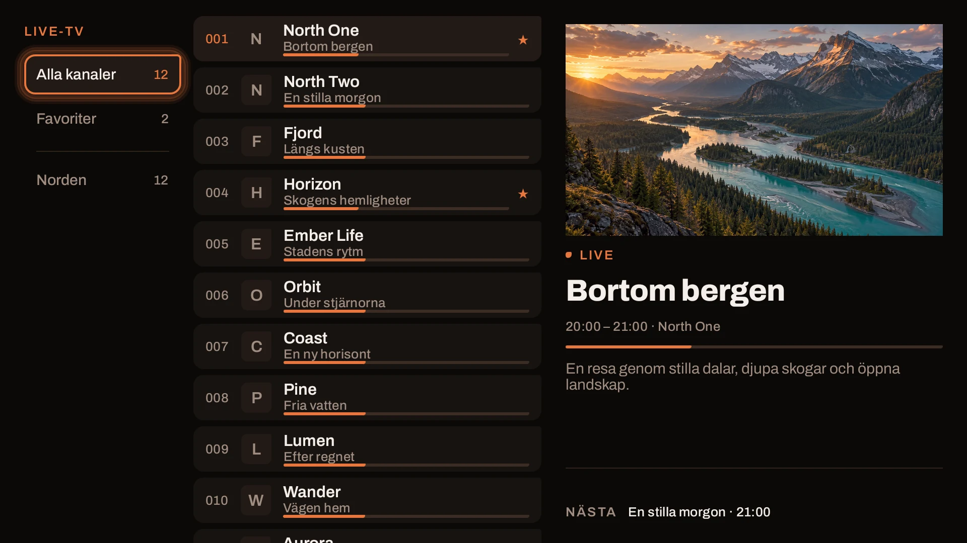 FlowStream Live-TV i Ember-temat med påhittade kanaler och naturfilm