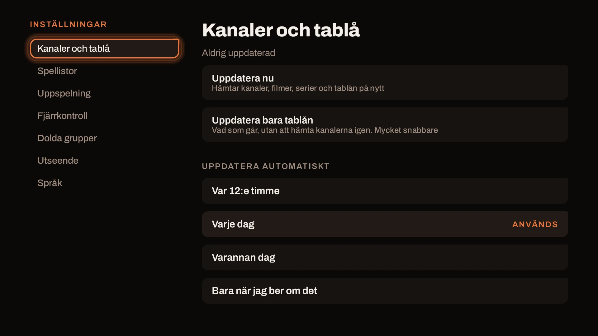 FlowStreams inställningar på svenska